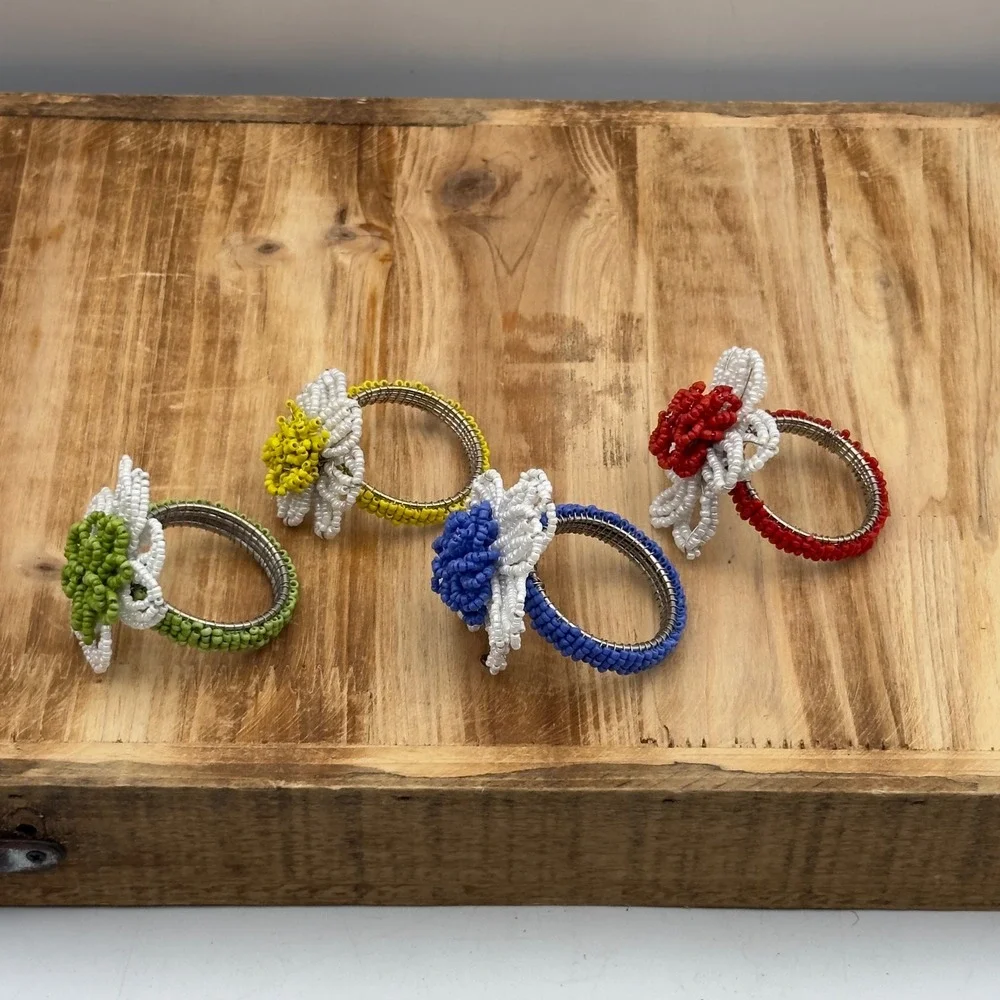 Beaded Flower Napkin Rings Multicolor Floral Set of 4 Spring Decor Cottagecore